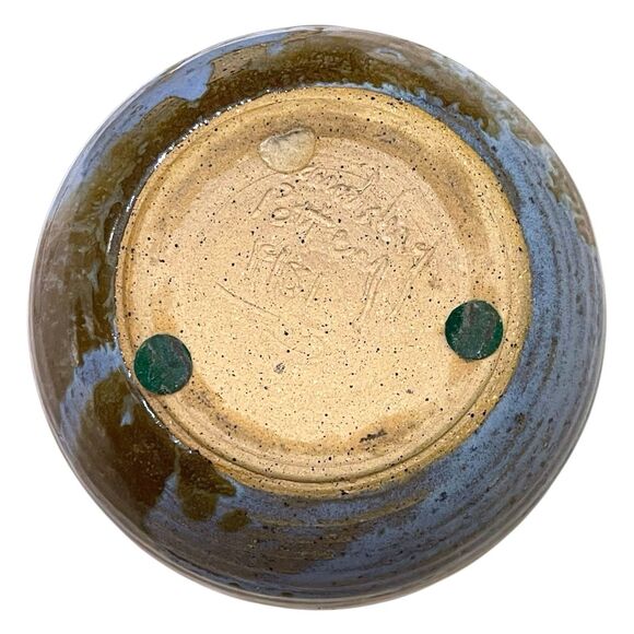 Vtg 1981 Hand-Thrown Studio Pottery Blue & Brown Drip Glaze Stoneware Vase 7.5" - Picture 13 of 14